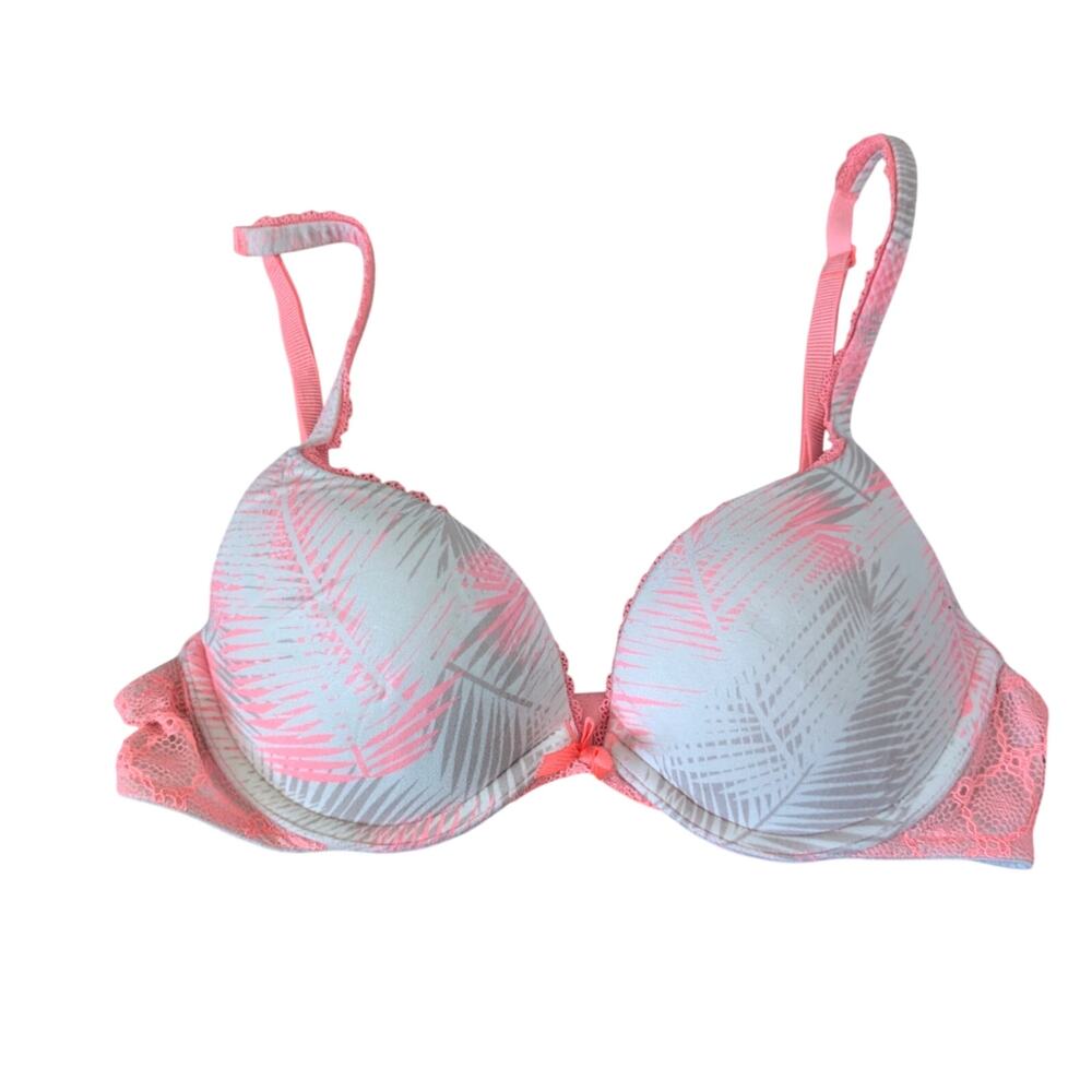 Victoria Secret Bra Body Size 32 B Push Up Pink White Tropical Print